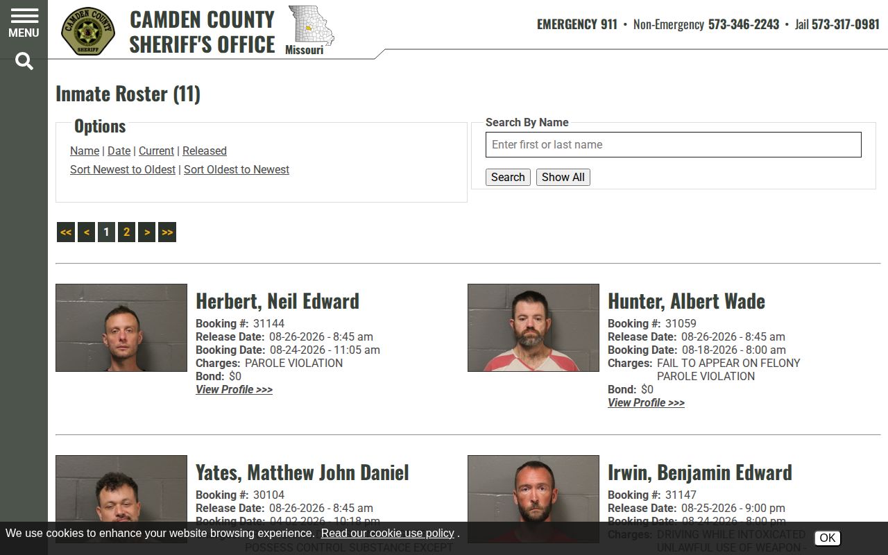 Camden County 48-hour released inmate roster interface for recent booking records