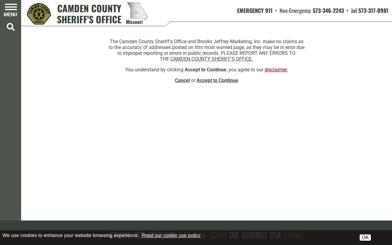 Camden County Sheriff's Office most-wanted record notice
